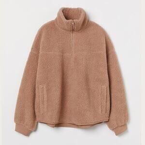 H&M Faux Shearling Pullover Sweatshirt Coat Jacket Teddy Camel Tan Beige